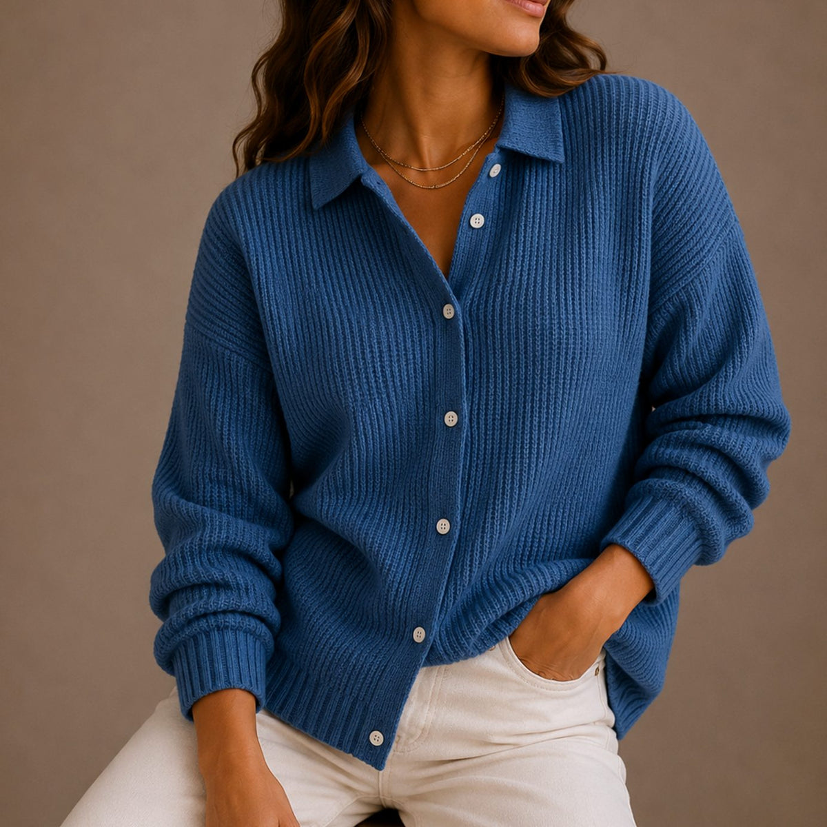 Women's Collared Button-Up Chunky Knit Cardigan Relaxed Fit - Blue