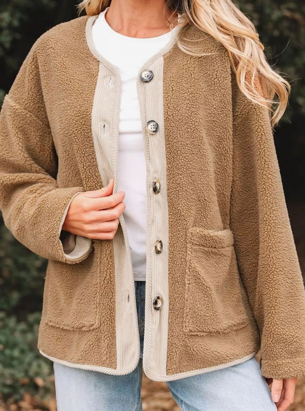 Women's Collarless Button-Front Teddy Jacket with Patch Pockets - Camel