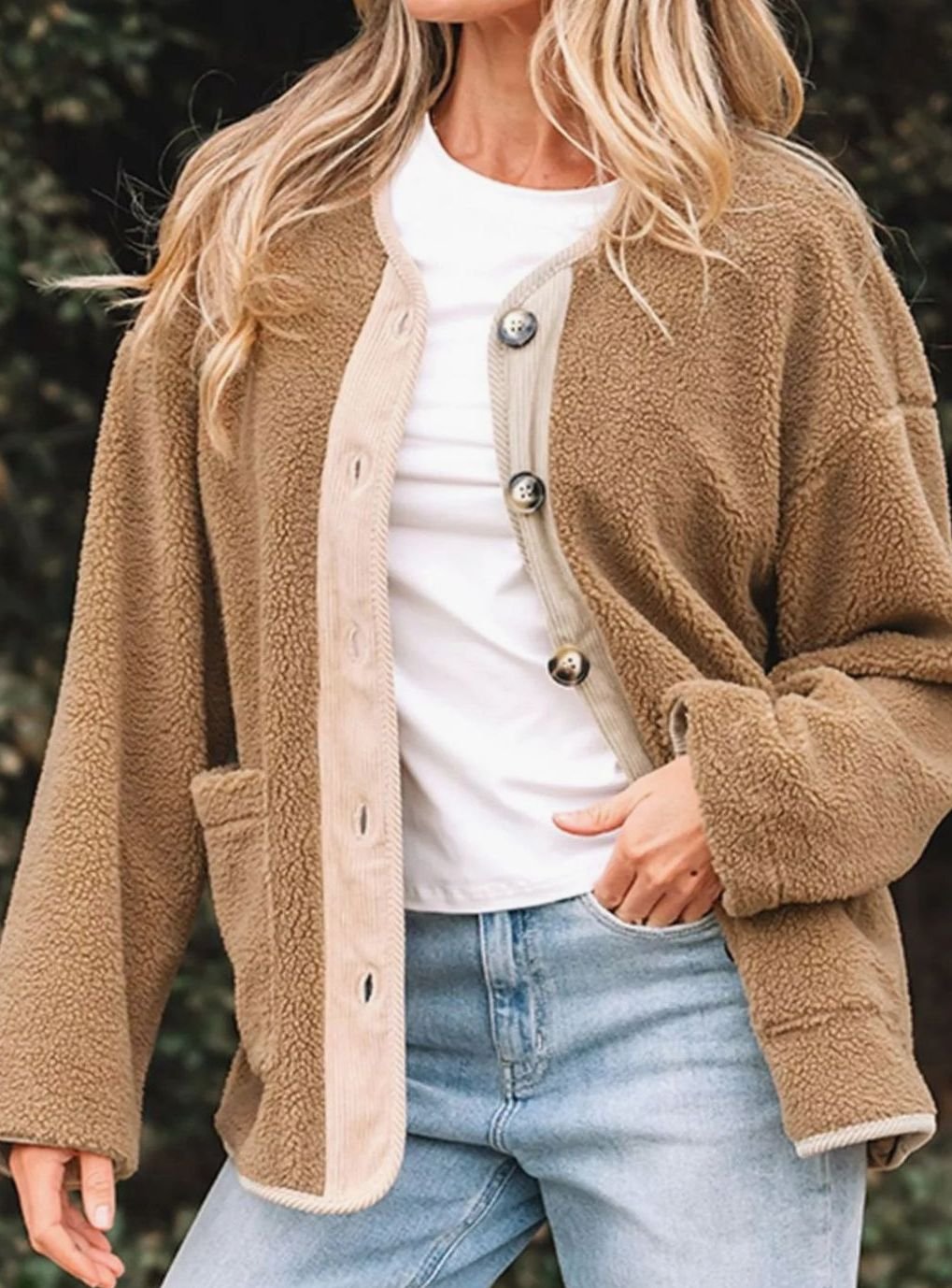 Women's Collarless Button-Front Teddy Jacket with Patch Pockets