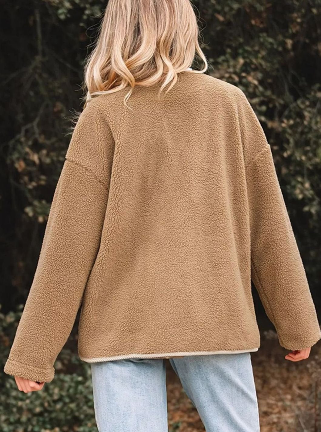Women's Collarless Button-Front Teddy Jacket with Patch Pockets
