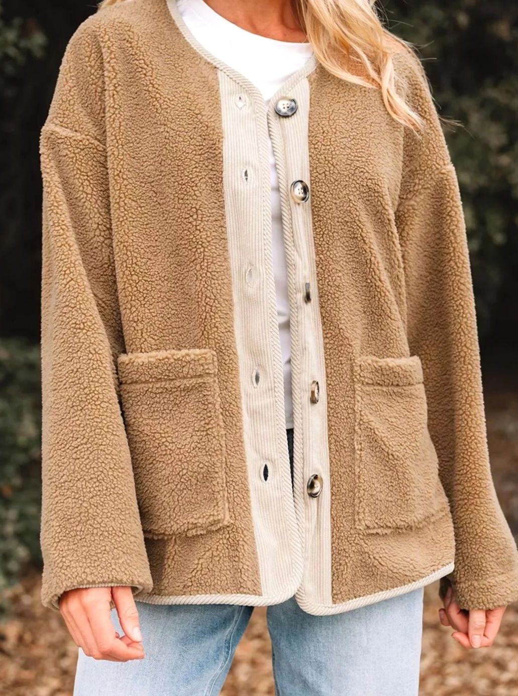 Women's Collarless Button-Front Teddy Jacket with Patch Pockets