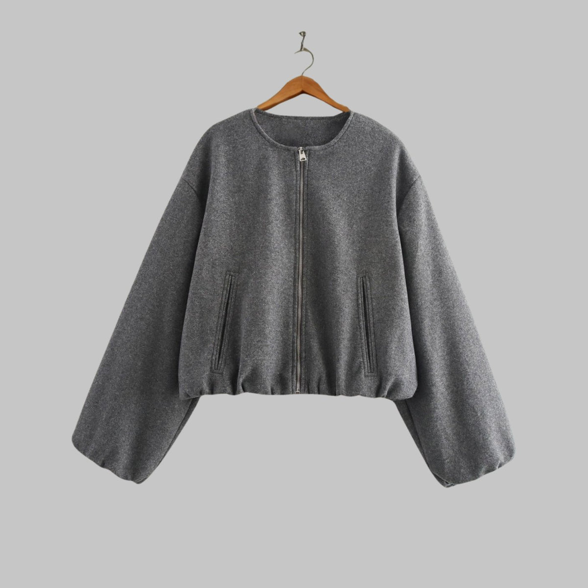 Women's Collarless Zip-Up Cropped Bomber Jacket - Grey
