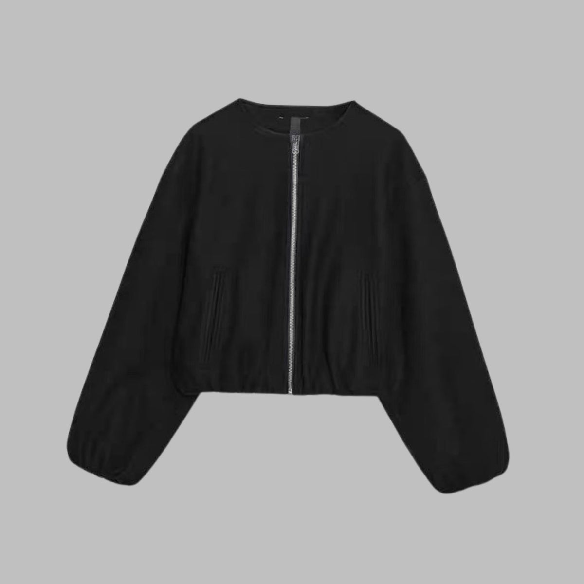 Women's Collarless Zip-Up Cropped Bomber Jacket - Black
