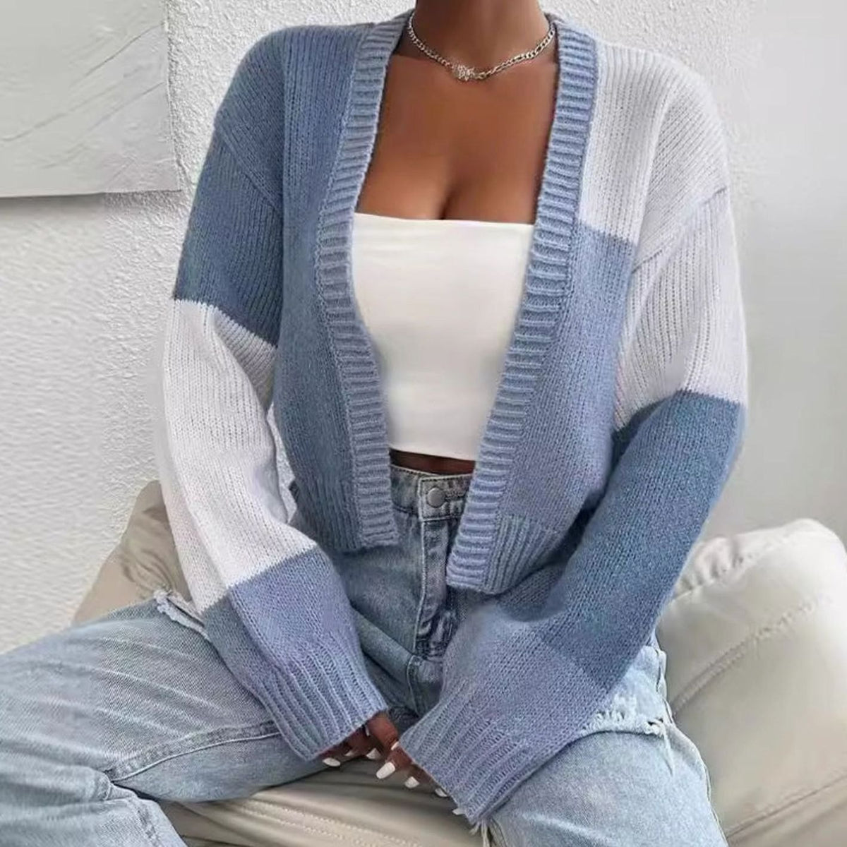 Women's Color Block Cropped Open-Front Balloon Sleeve Cardigan - Sky Blue