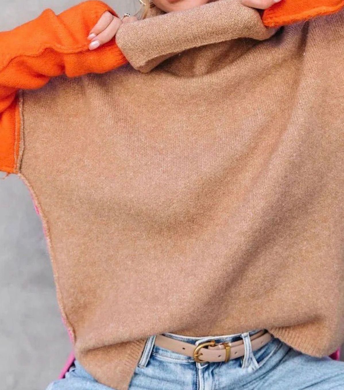 Women's Color Block Turtleneck Relaxed-Fit Knit Sweater, Camel, Orange, Pink