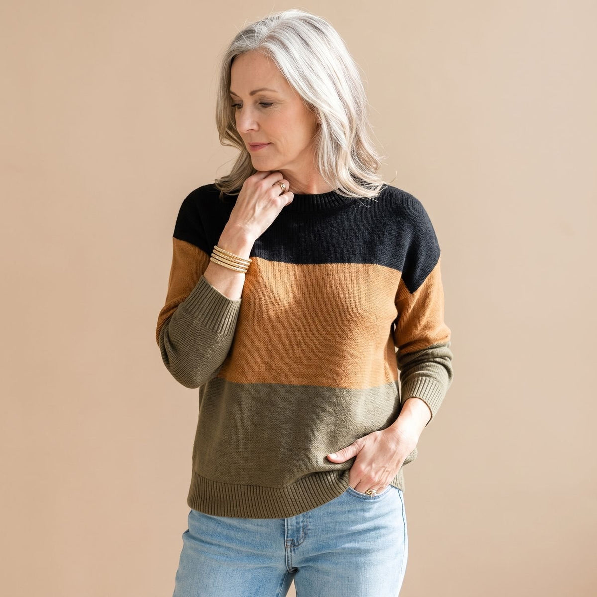 Women's Colorblock Long-Sleeve Knit Jumper Sweater - Brown