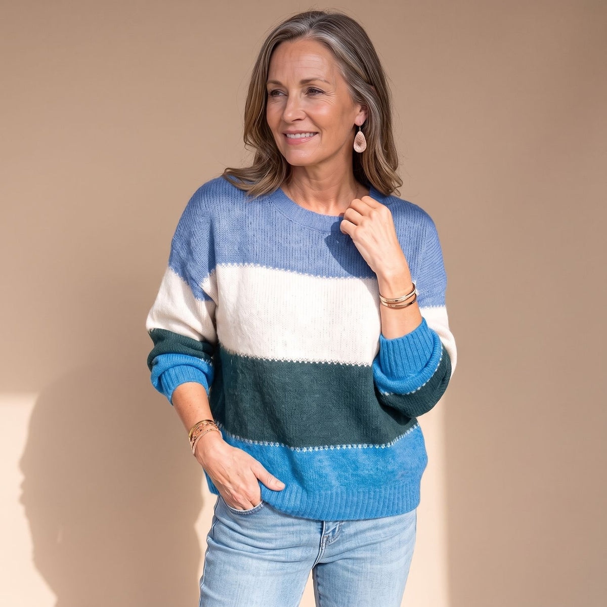 Women's Colorblock Long-Sleeve Knit Jumper Sweater - Blue