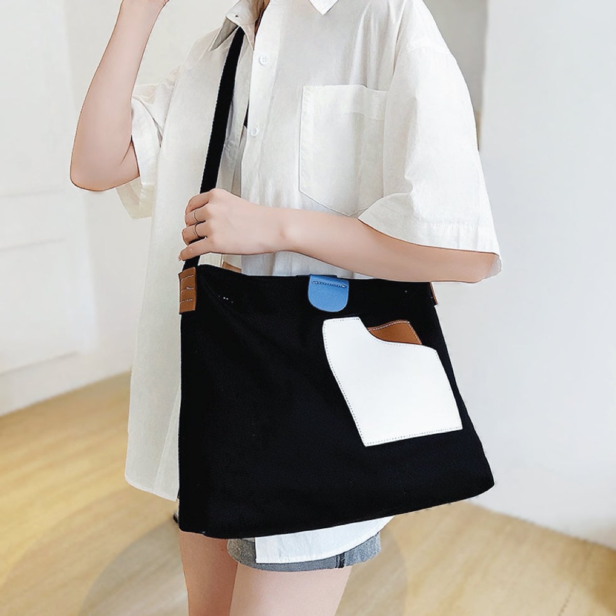 Women's Colour-Block Canvas Tote Bag PU Leather Pocket Shoulder Bag - Schwarz