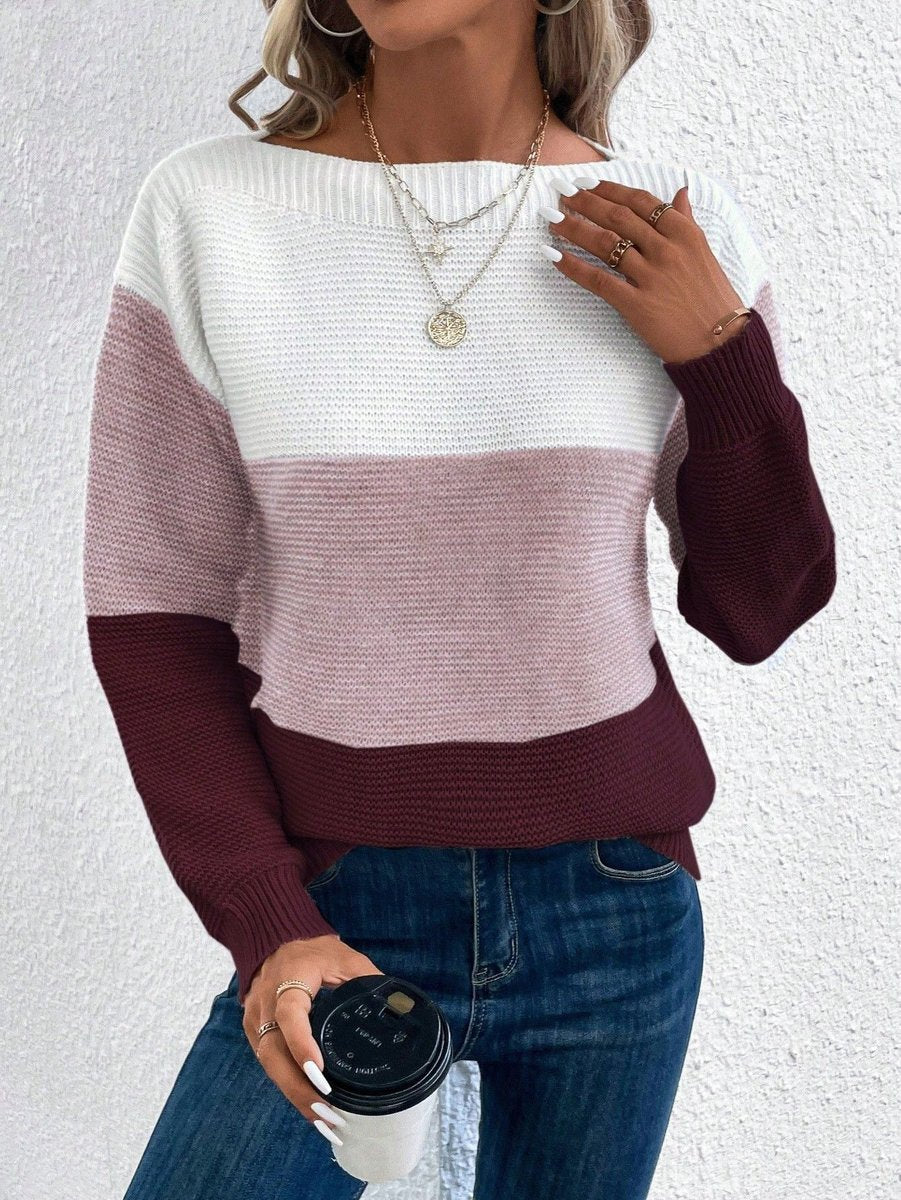 Women's Colour Block Relaxed Fit Long Sleeve Knit Sweater - Burgundy