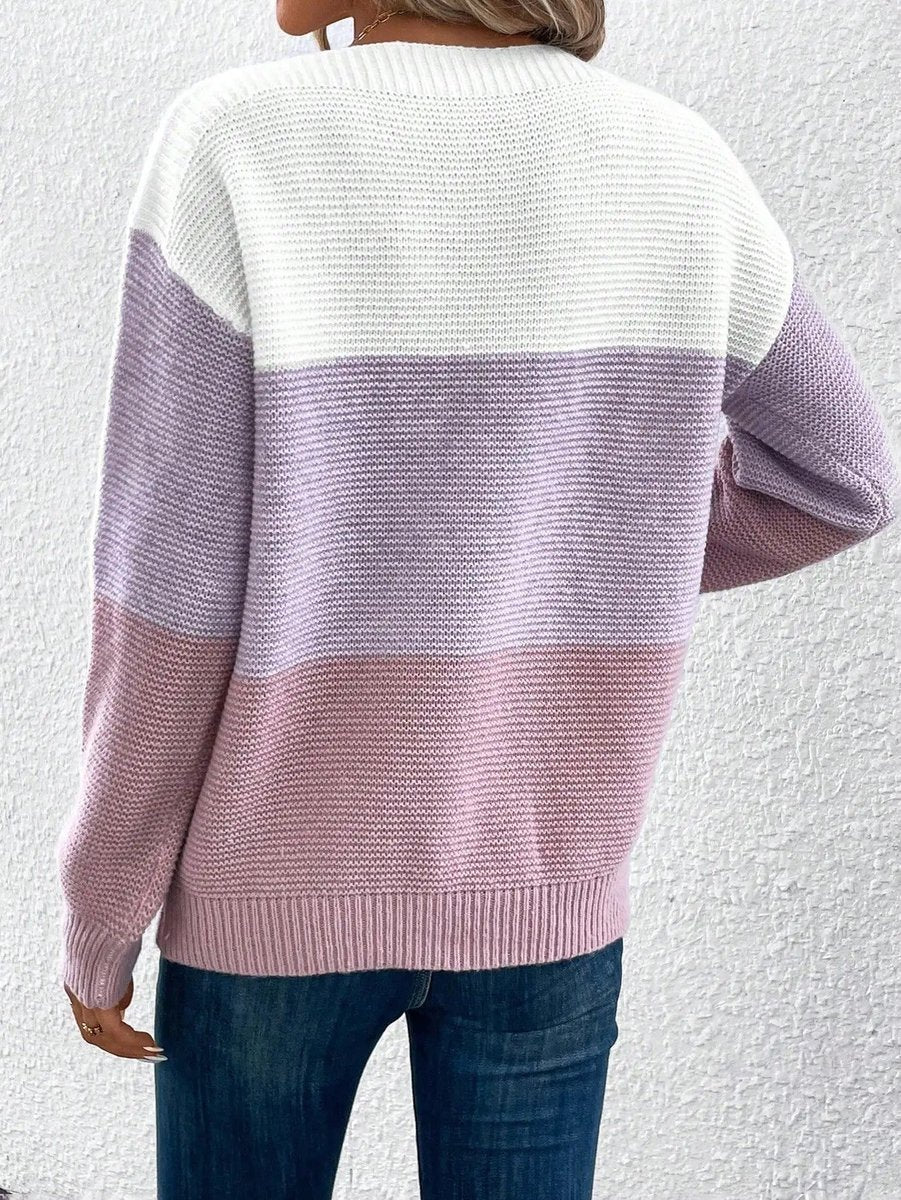 Women's Colour Block Relaxed Fit Long Sleeve Knit Sweater