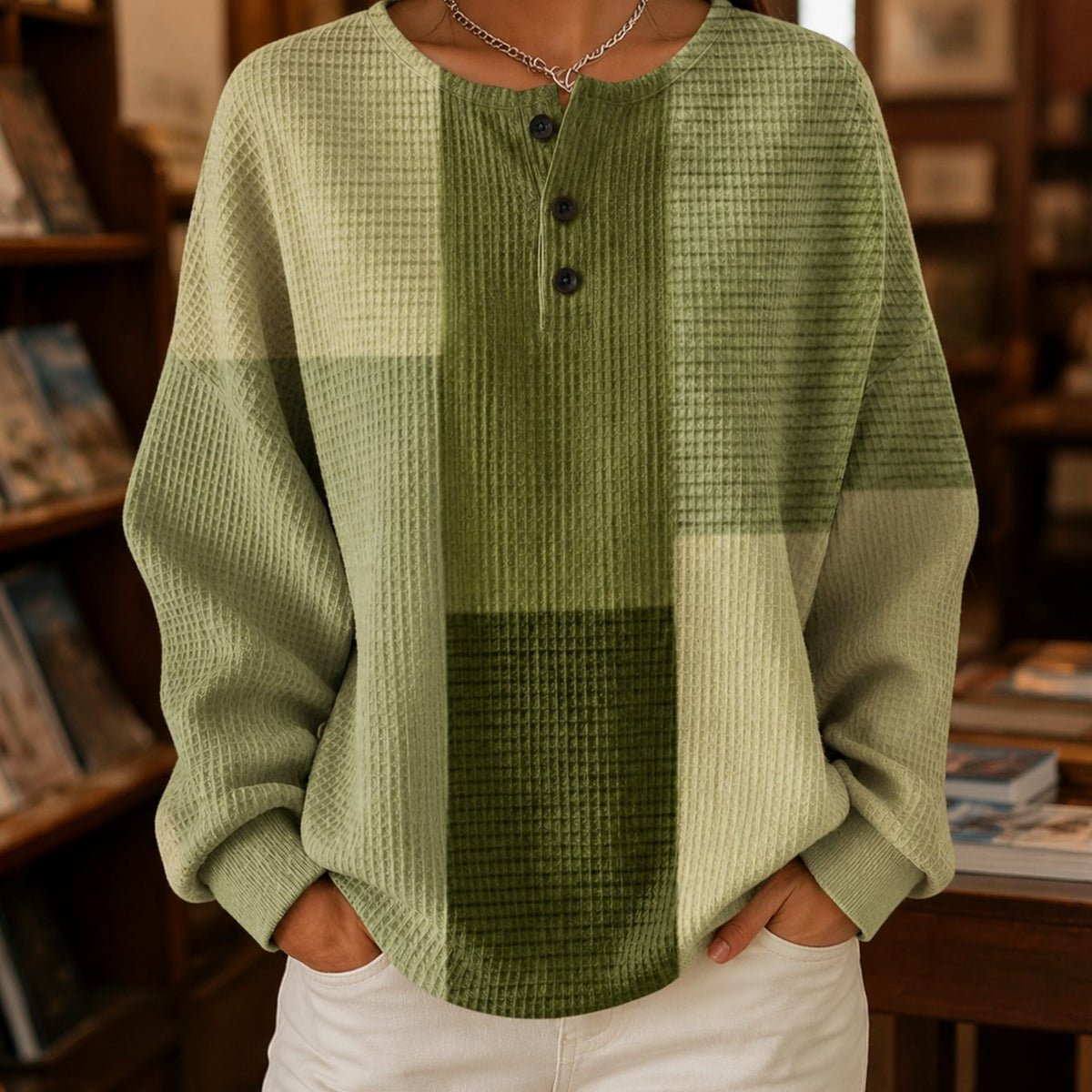Women's Colour Block Waffle Knit Henley Relaxed Jumper - Green