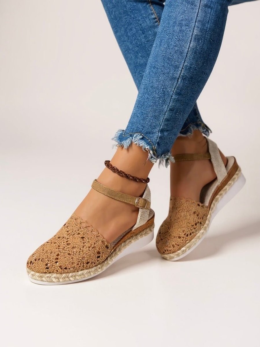 Women's Comfortable Sandals Boho Crochet Flatform Espadrille Ankle Strap