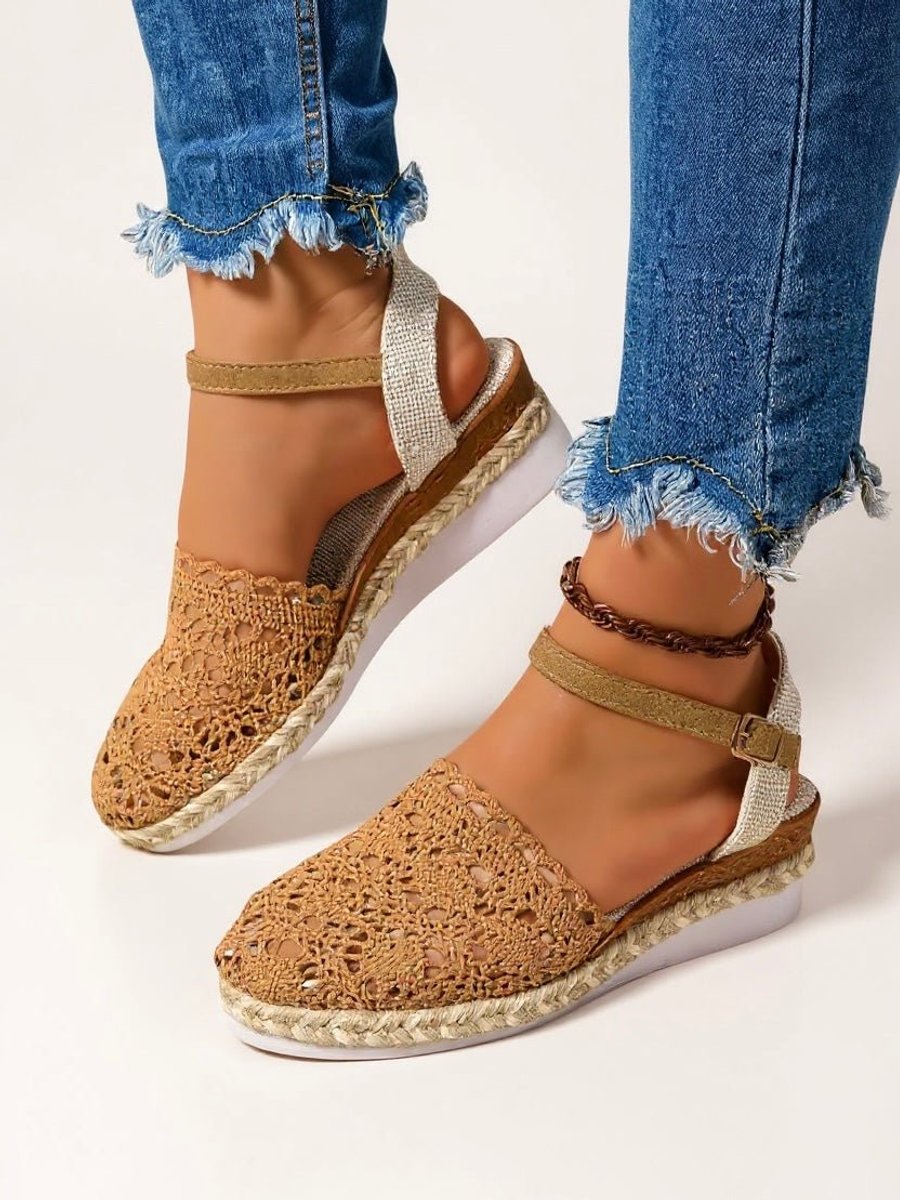 Women's Comfortable Sandals Boho Crochet Flatform Espadrille Ankle Strap - Brown