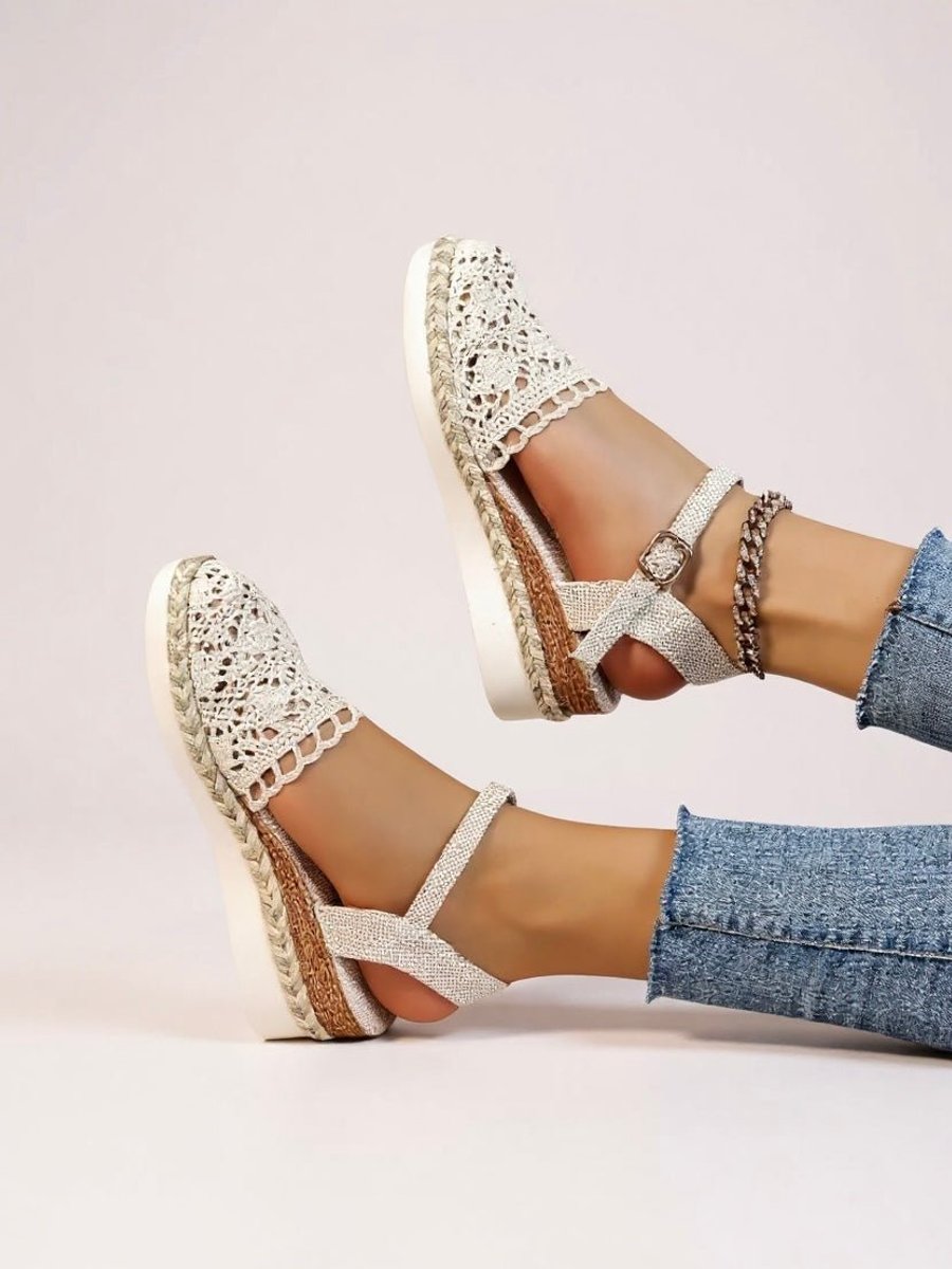 Women's Comfortable Sandals Boho Crochet Flatform Espadrille Ankle Strap