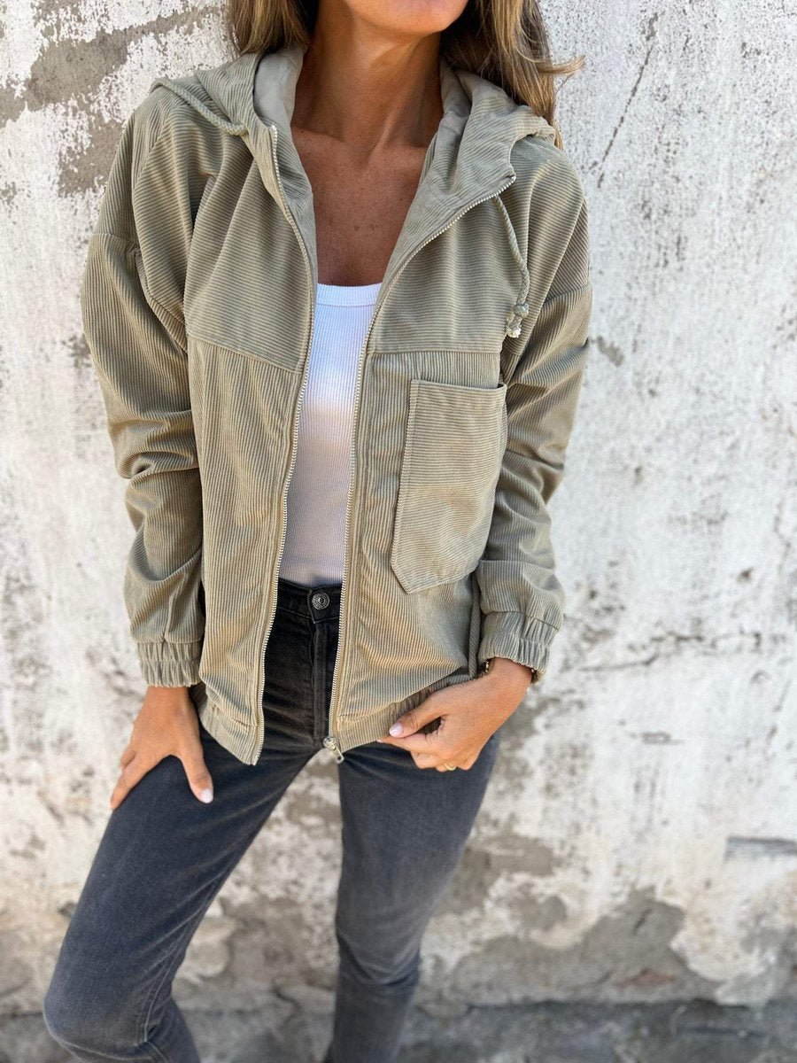 Women's Corduroy Hooded Zip-Up Jacket Relaxed Fit - Green