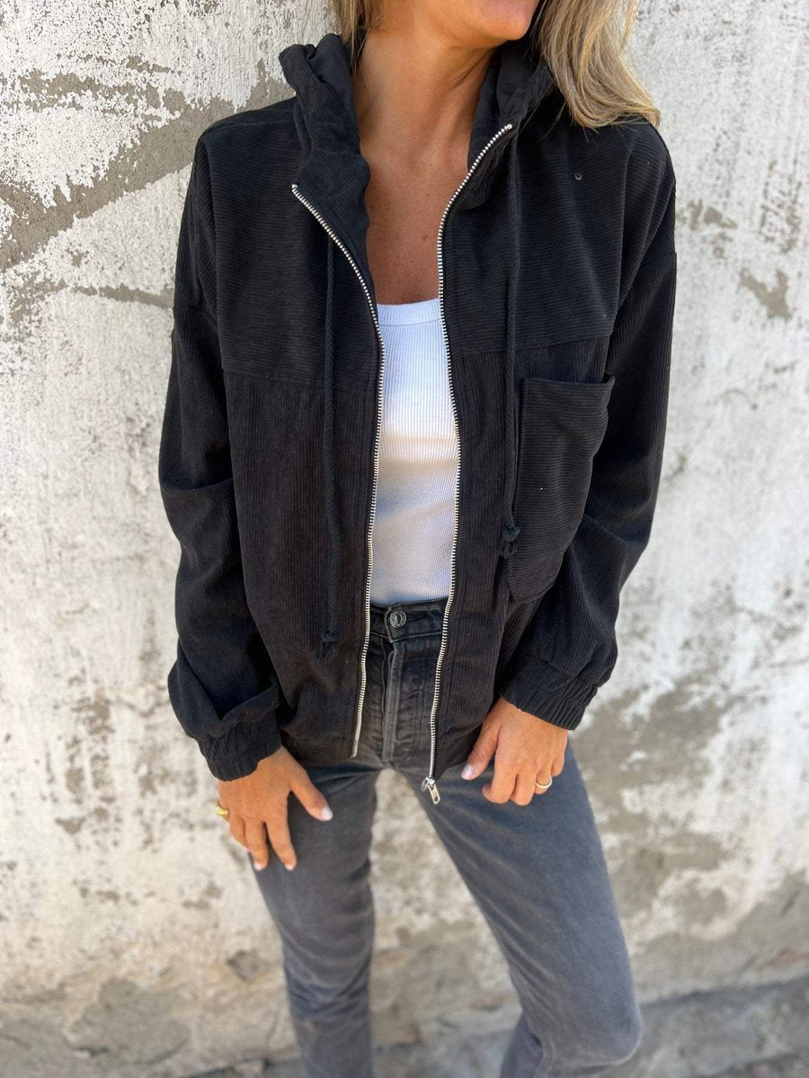 Women's Corduroy Hooded Zip-Up Jacket Relaxed Fit - Black
