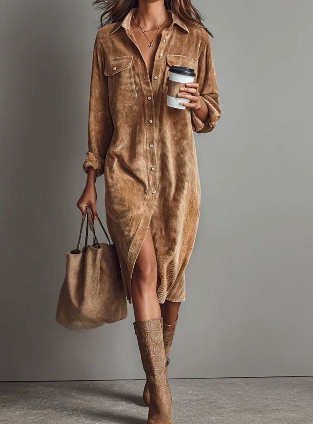 Women's Corduroy Long-Sleeve Midi Shirt Dress Straight Cut - Khaki