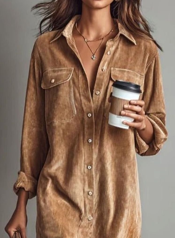 Women's Corduroy Long-Sleeve Midi Shirt Dress Straight Cut