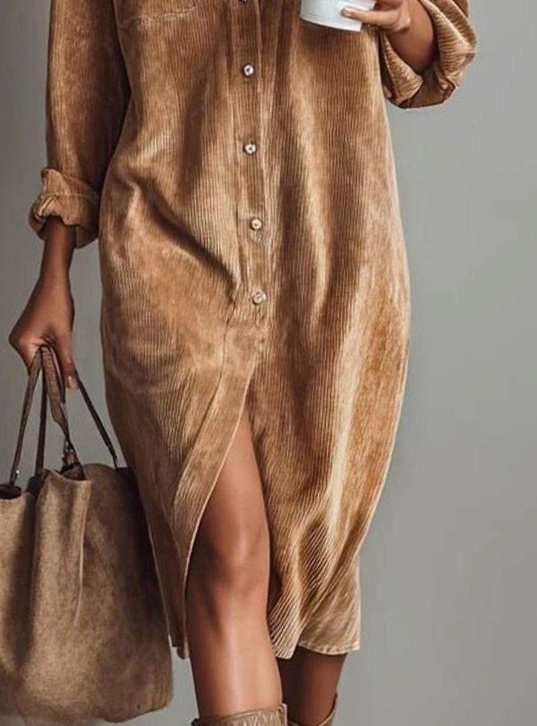 Women's Corduroy Long-Sleeve Midi Shirt Dress Straight Cut