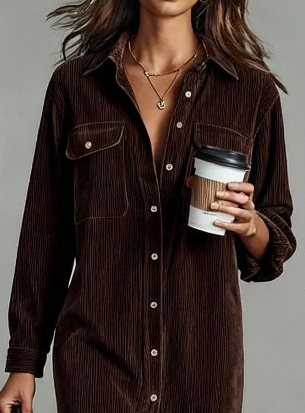Women's Corduroy Long-Sleeve Midi Shirt Dress Straight Cut