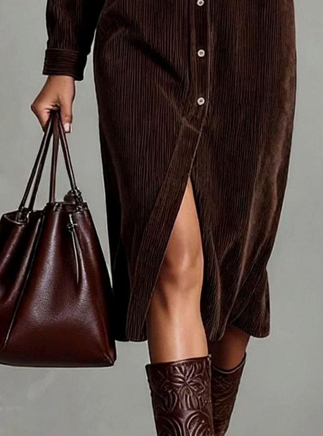 Women's Corduroy Long-Sleeve Midi Shirt Dress Straight Cut