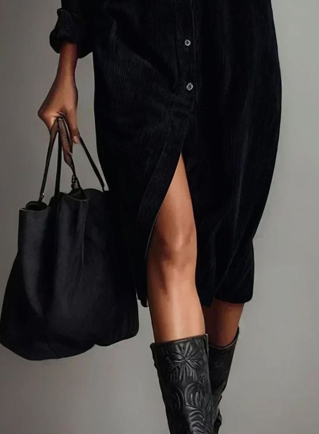 Women's Corduroy Long-Sleeve Midi Shirt Dress Straight Cut
