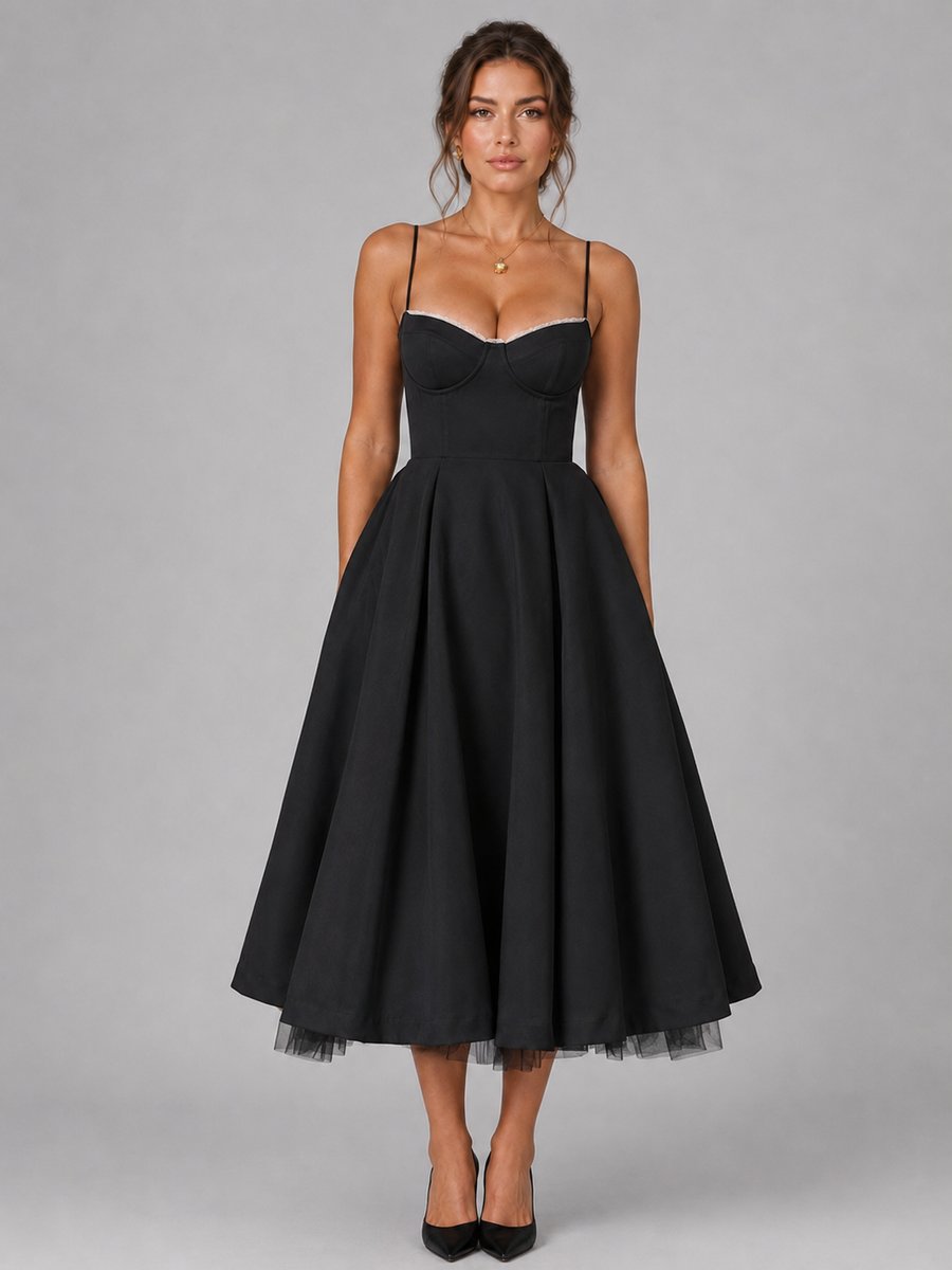 Women's Corset Sweetheart Midi Dress Full Pleated Skirt - Black