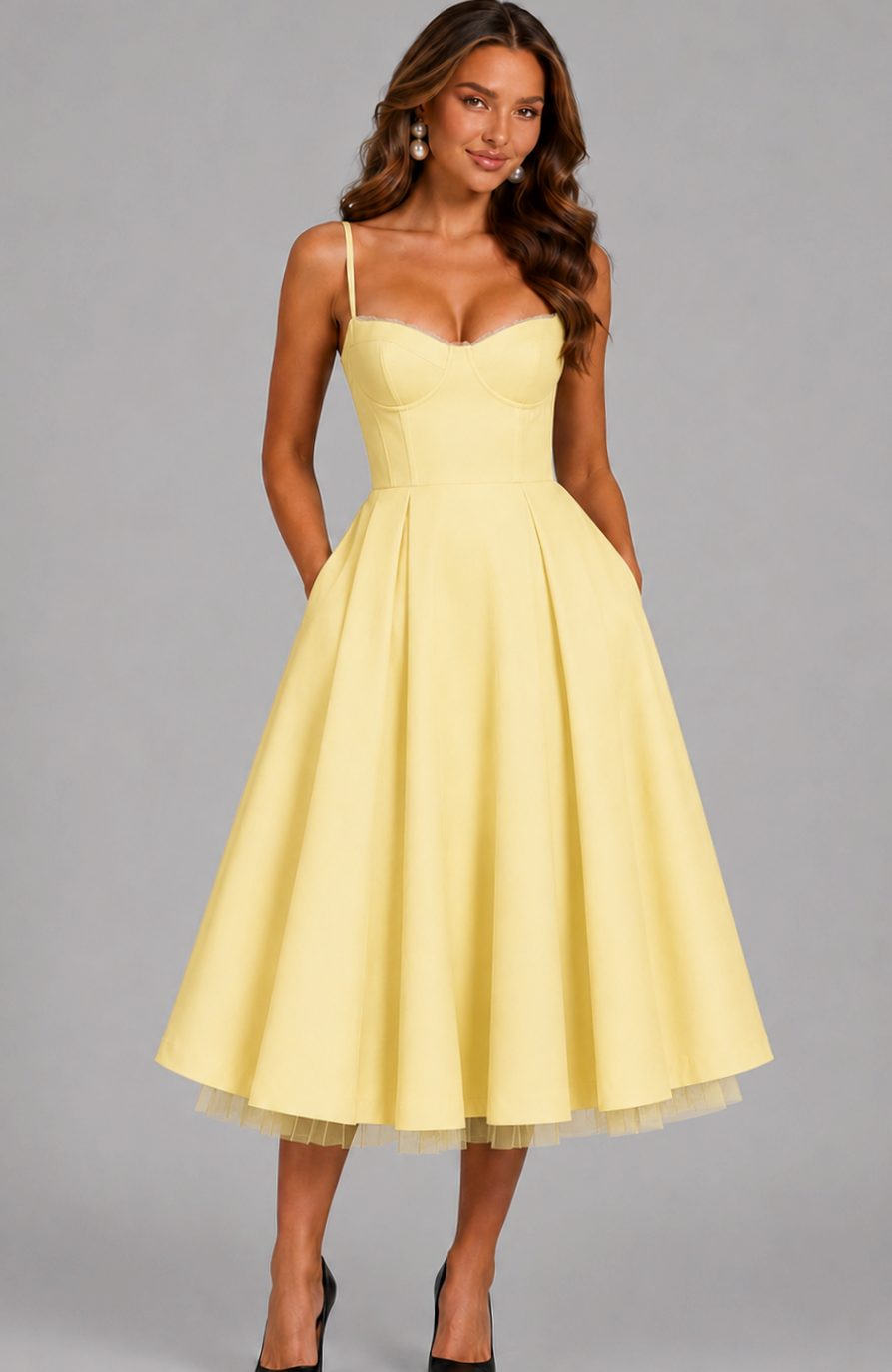 Women's Corset Sweetheart Spaghetti Strap Midi Wedding Guest Dress - Yellow