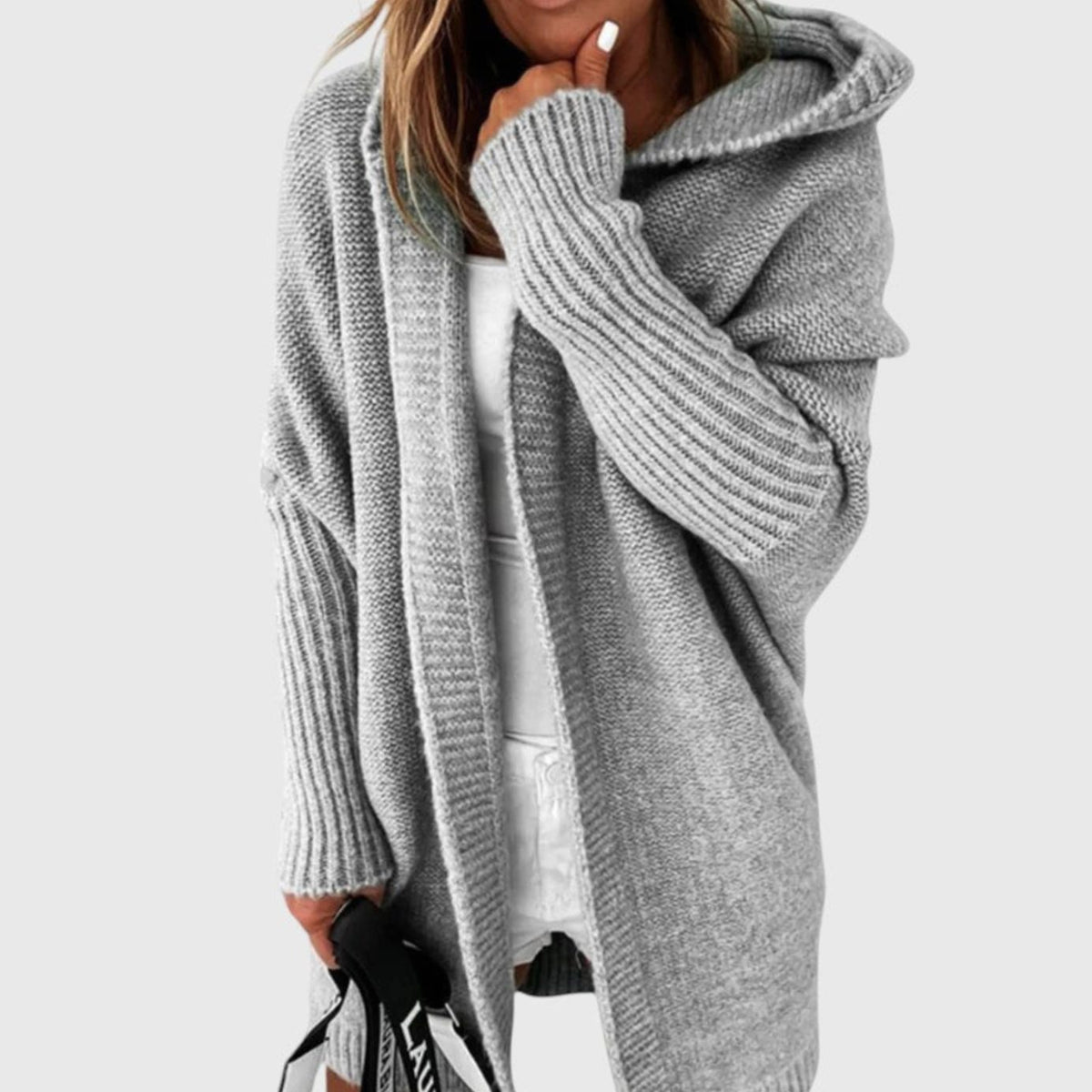 Women's Cosy Hooded Cardigan Open-Front Ribbed Knit Longline - Grey