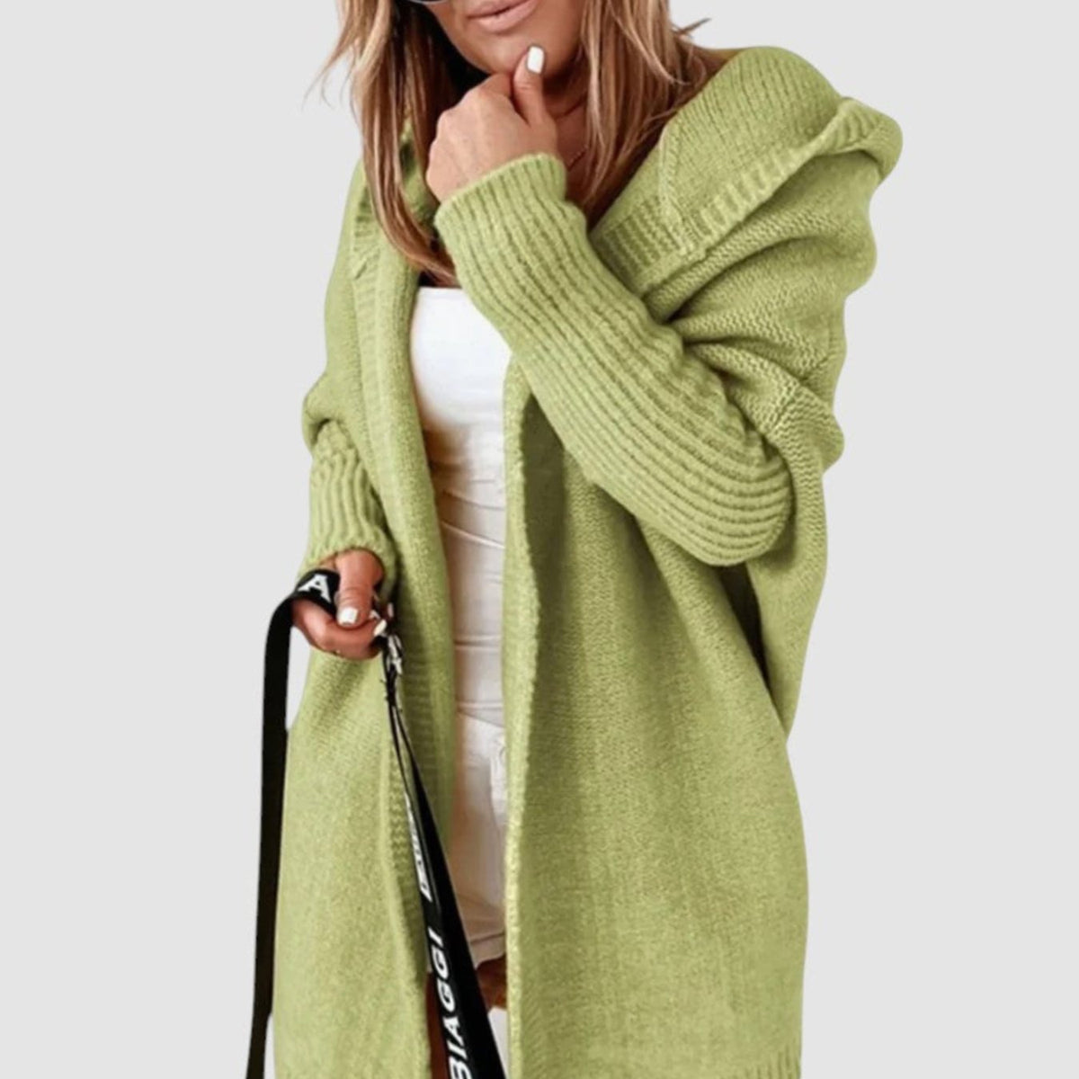 Women's Cosy Hooded Cardigan Open-Front Ribbed Knit Longline - Light Green