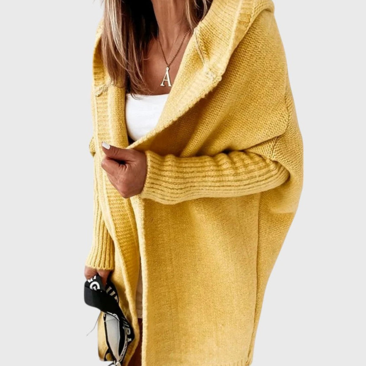Women's Cosy Hooded Cardigan Open-Front Ribbed Knit Longline - Yellow