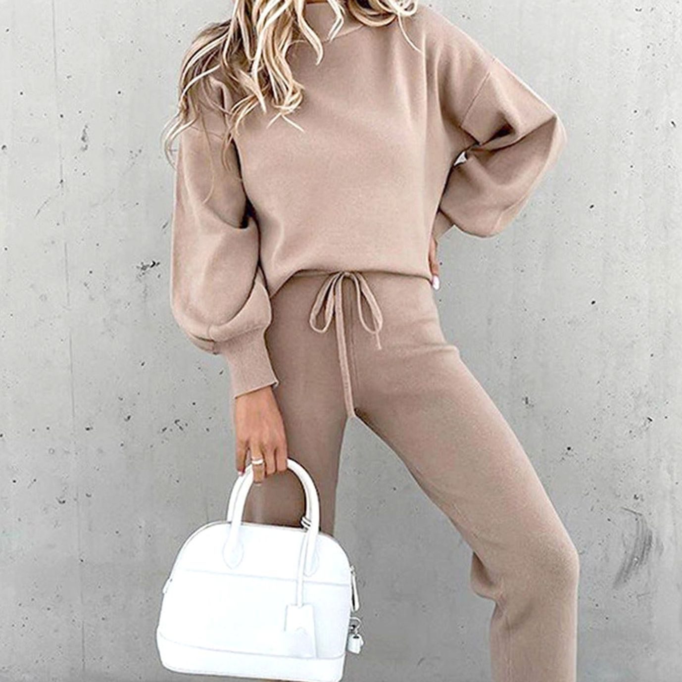 Women's Cosy Two-Piece Relaxed-Fit Drawstring Tracksuit Outfit - Grey Pink