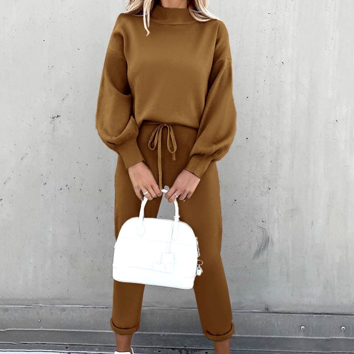 Women's Cosy Two-Piece Relaxed-Fit Drawstring Tracksuit Outfit - Coffee
