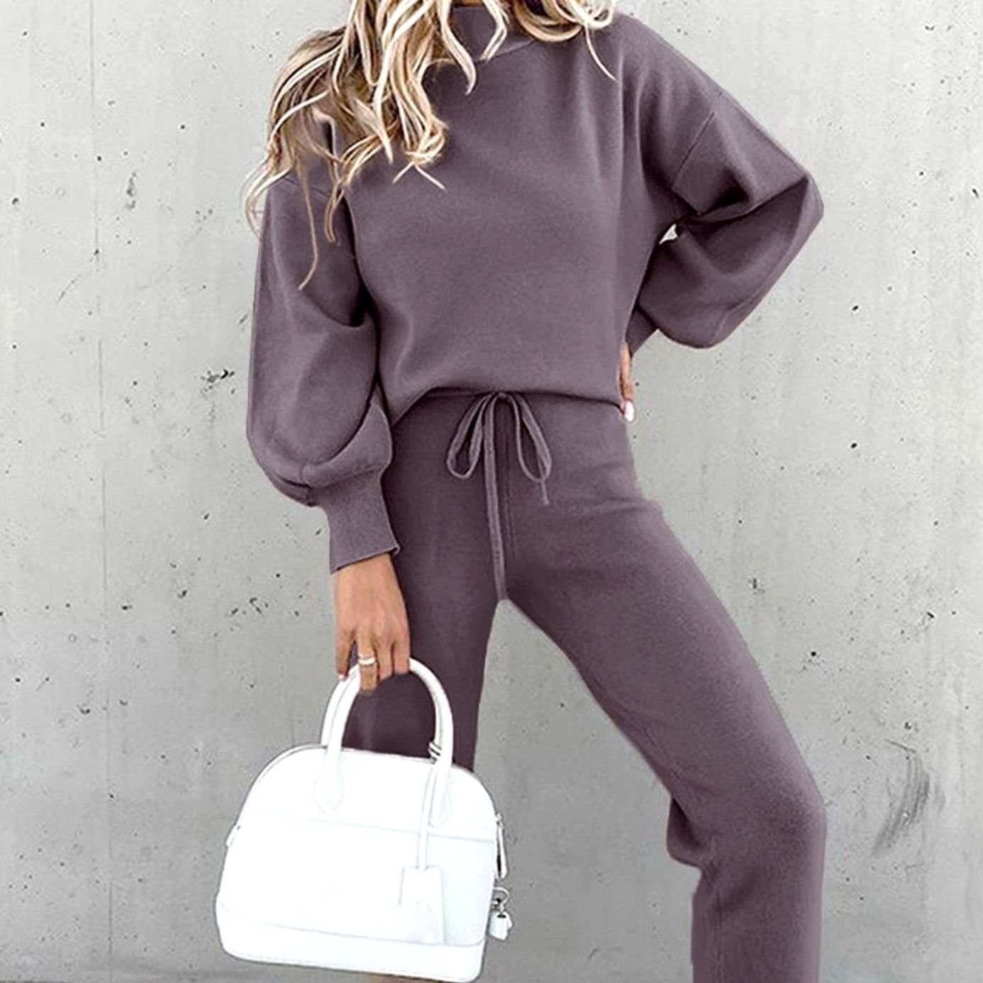 Women's Cosy Two-Piece Relaxed-Fit Drawstring Tracksuit Outfit - Purple