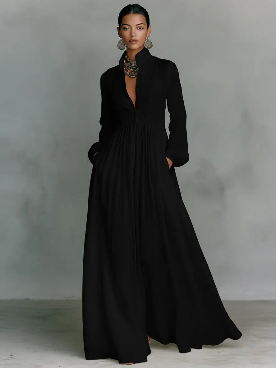 Women's Cotton-Linen Button-Front Stand Collar Maxi Shirt Dress - Black