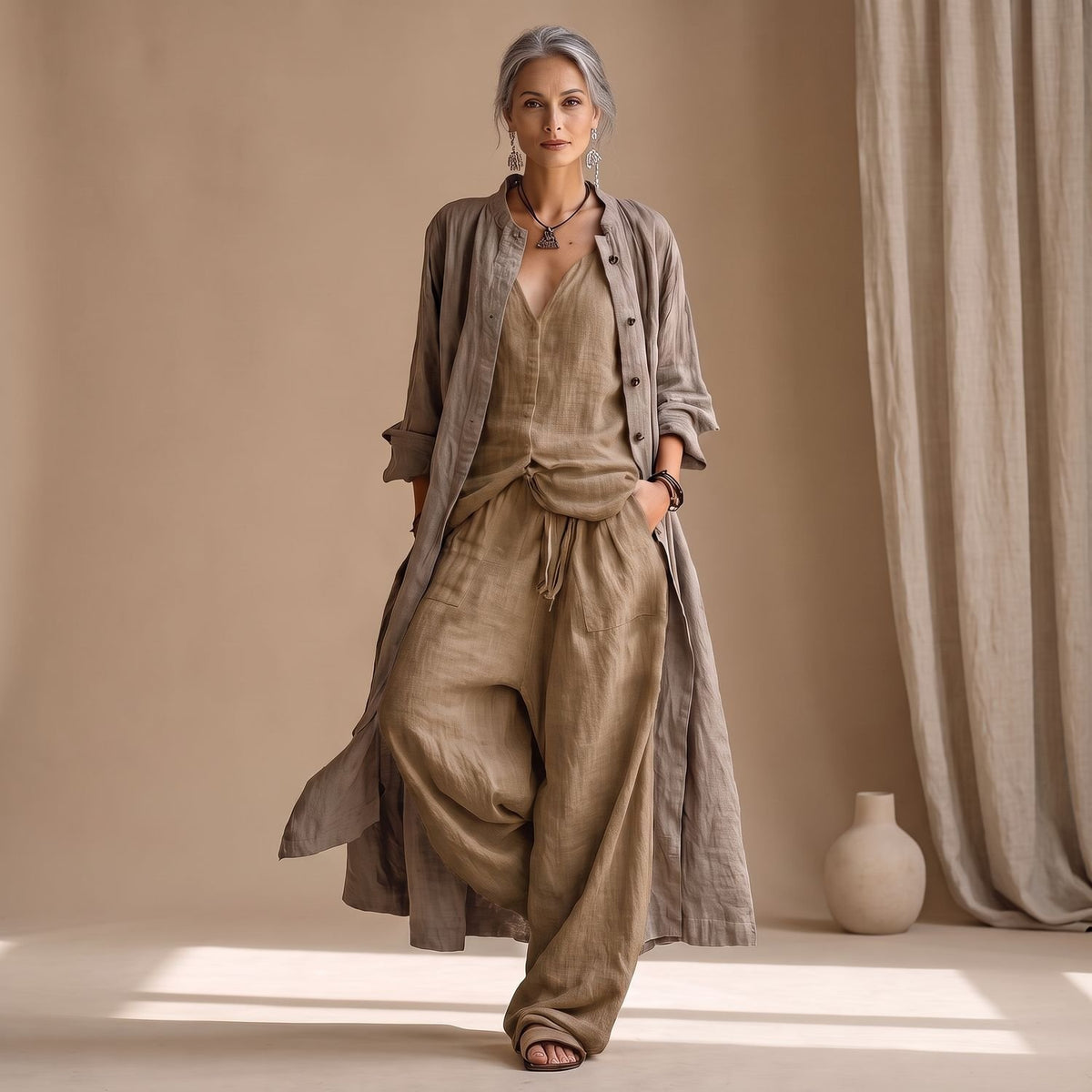 Women's Cotton Linen Three-Piece Boho Coord Set Cardigan Top Trousers - Brown