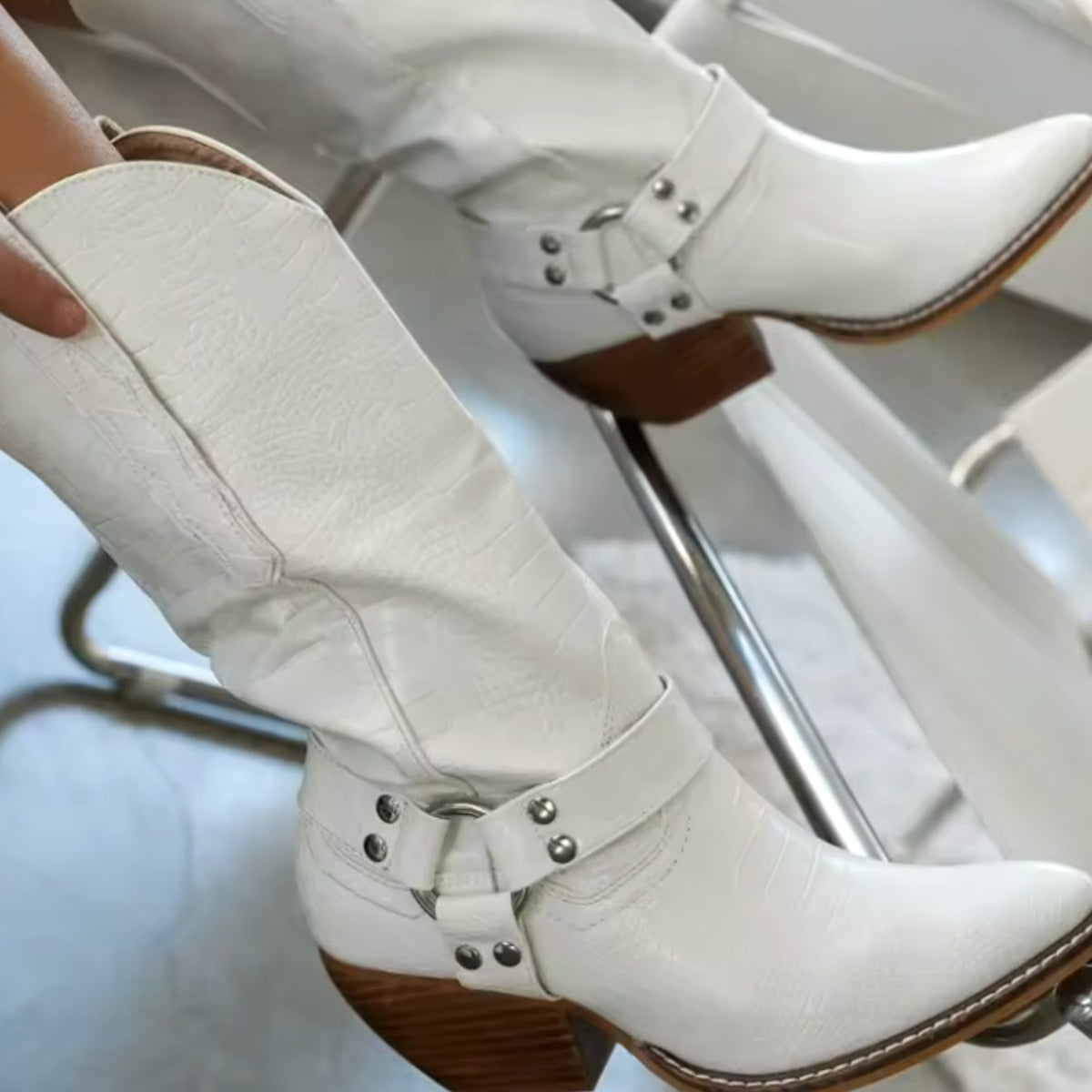 Women's Cow-Print Pointed-Toe Block-Heel Cowboy Boots - White