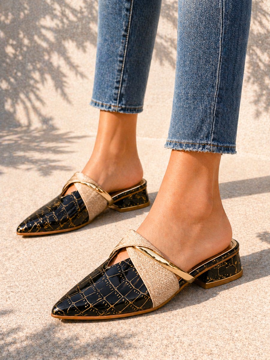 Womens Croc Effect Pointed Toe Low Block Heel Slip-On Mules