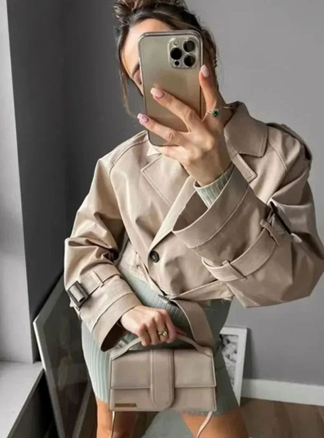 Women's Cropped Beige Long-Sleeve Trench Coat