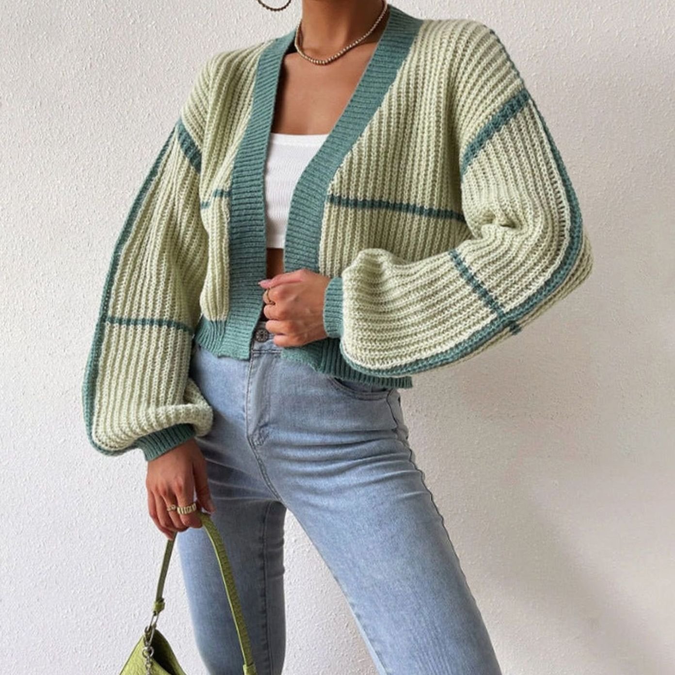 Women's Cropped Chunky Knit Open-Front Cardigan Balloon Sleeves - Light Green