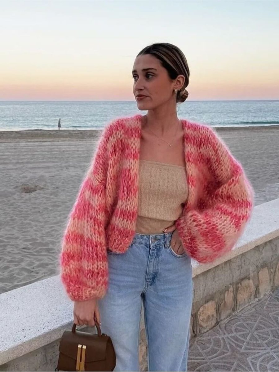 Women's Cropped Colour Block Knit Cardigan Patchwork - Pink