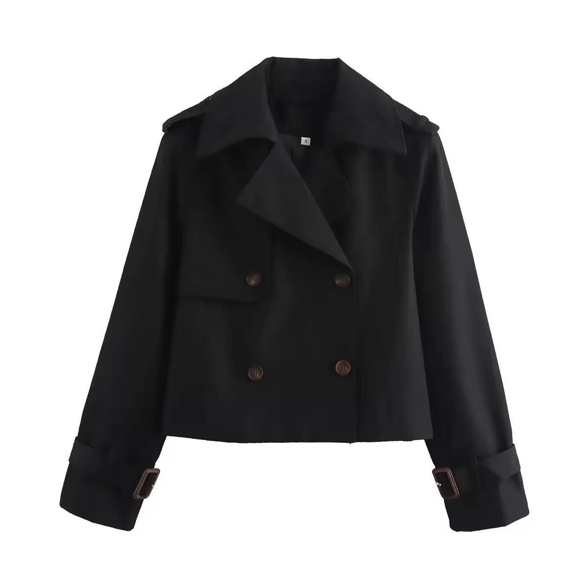 Women's Cropped Double-Breasted Trench Coat Buckle Cuff - Black