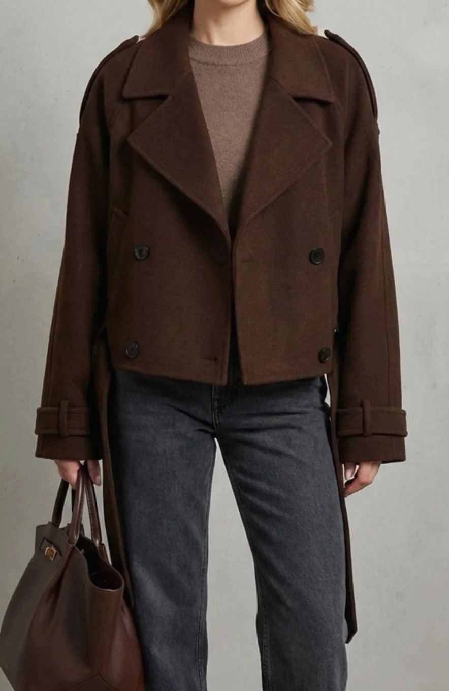Women's Cropped Double-Breasted Wool Coat Pea Coat - Brown