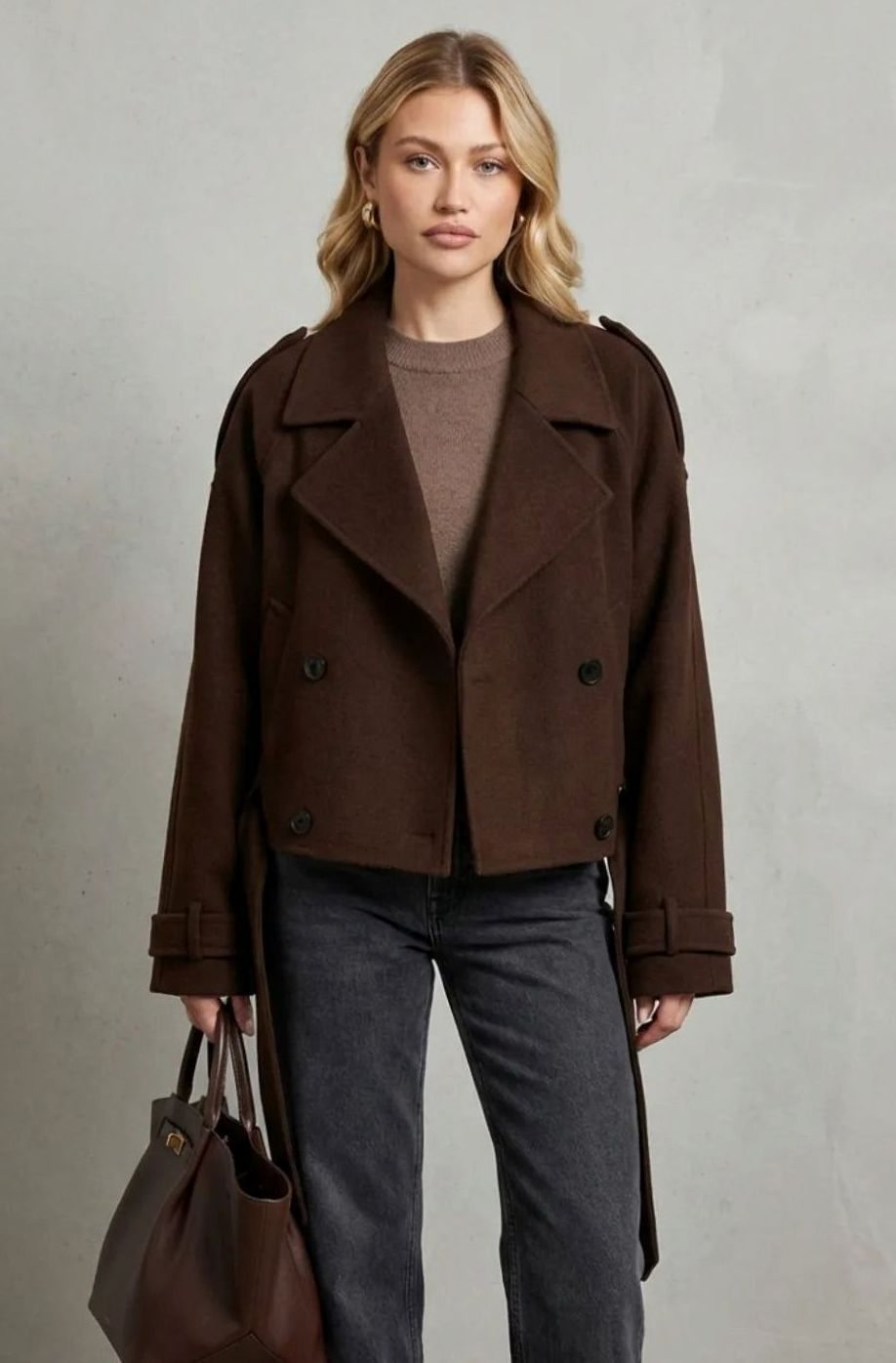 Women's Cropped Double-Breasted Wool Coat Pea Coat