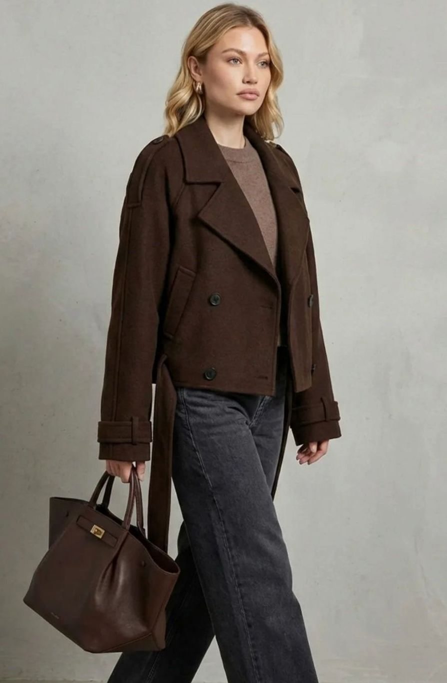 Women's Cropped Double-Breasted Wool Coat Pea Coat
