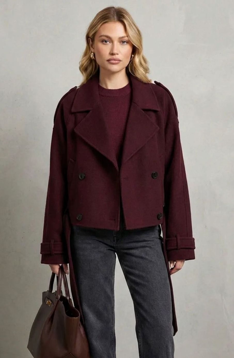 Women's Cropped Double-Breasted Wool Coat Pea Coat