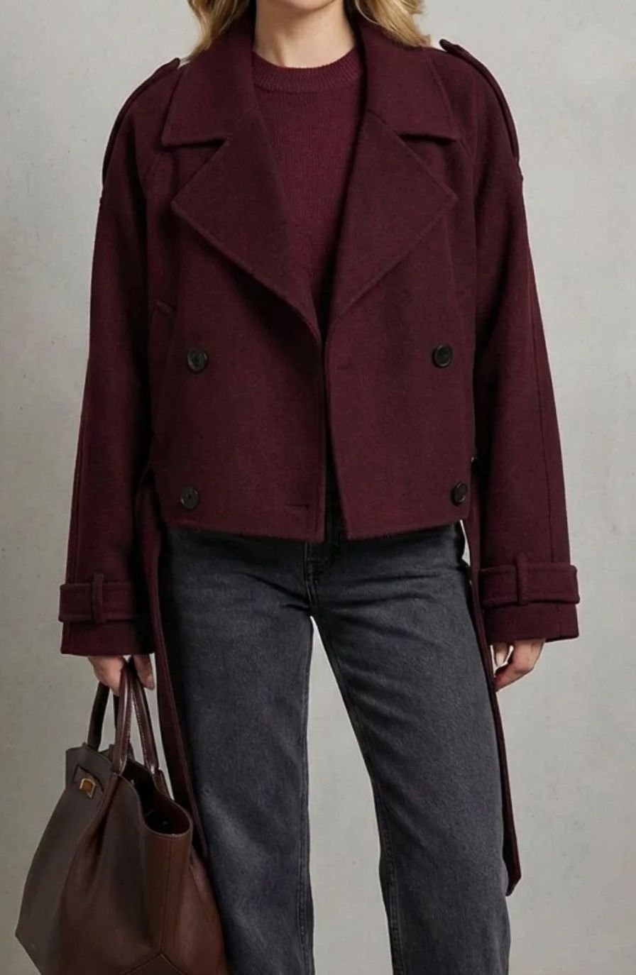 Women's Cropped Double-Breasted Wool Coat Pea Coat - Wine Red