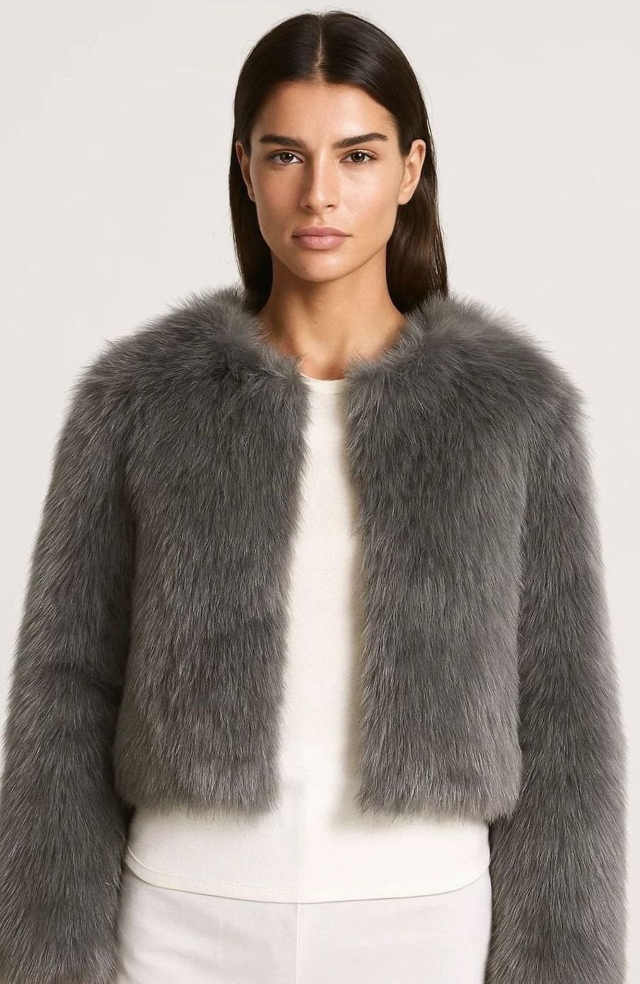 Women's Cropped Faux Fur Collarless Jacket - Dark Grey