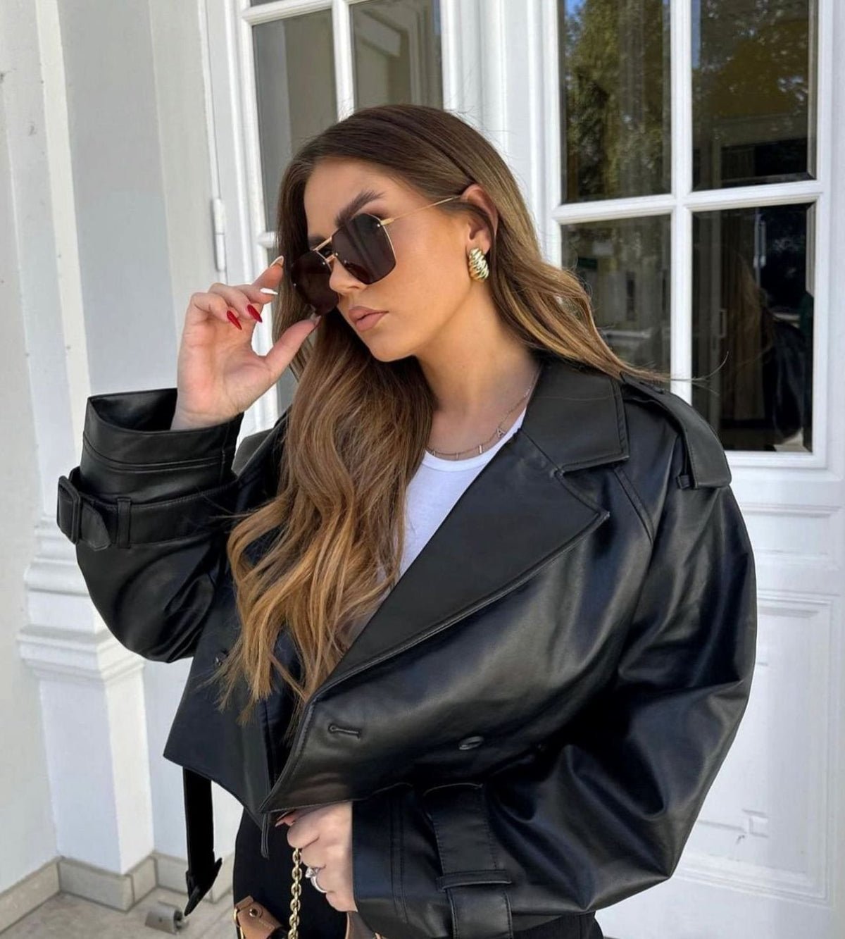 Women's Cropped Faux Leather Trench Jacket Belted