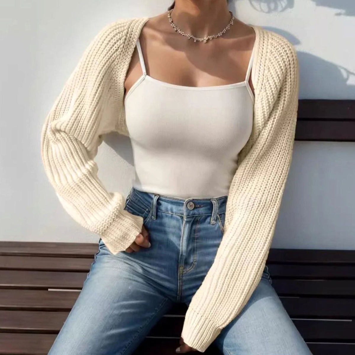 Women's Cropped Knitted Bolero Shrug Open-Front Cardigan
